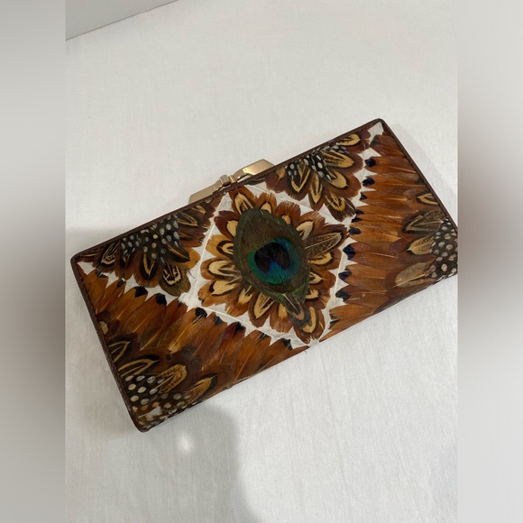 Vintage Lee Sanda Peacock and Pheasant feather Clutch Wallet - Picture 1 of 7